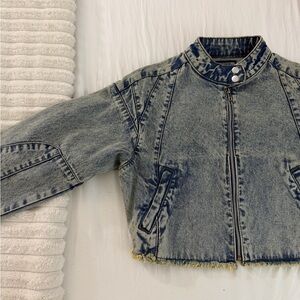 PLT Denim Cropped Jacket with Frayed Hem